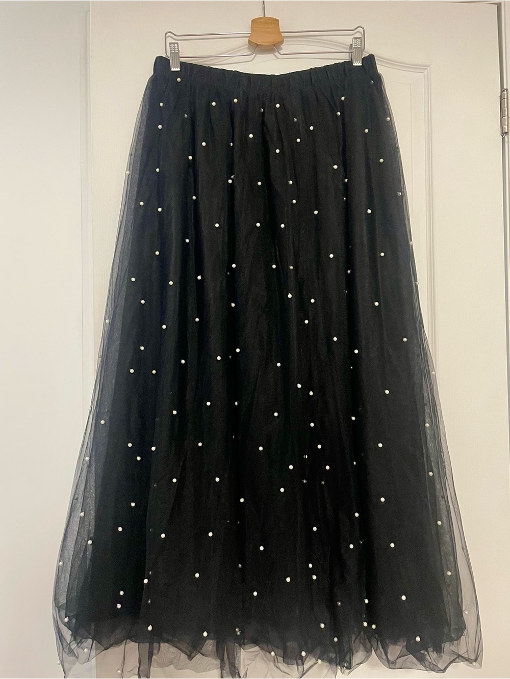 Xpluswear Black Pearl-Embellished Tulle Maxi Skirt, Size XL
